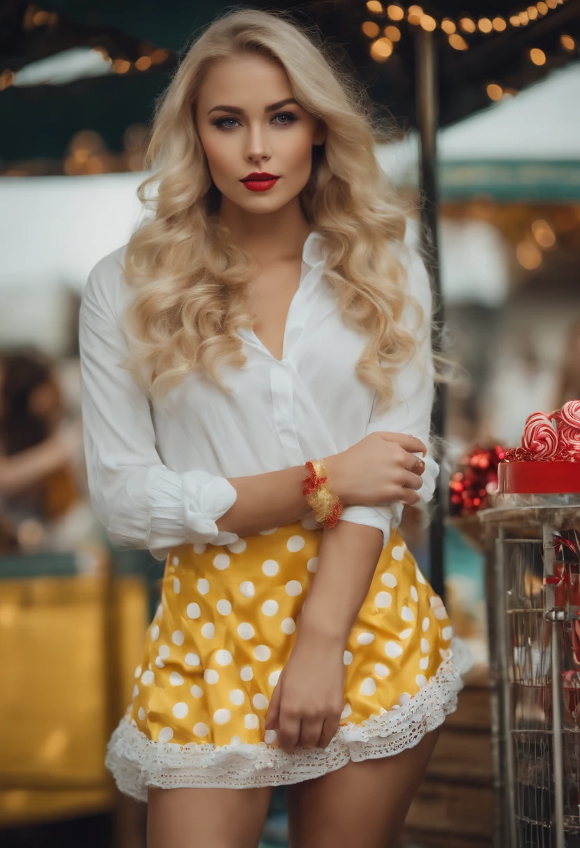 a beautiful girl with blonde semi-long hair wearing a white and yellow miniskirt, a magic candy cane, polka dots