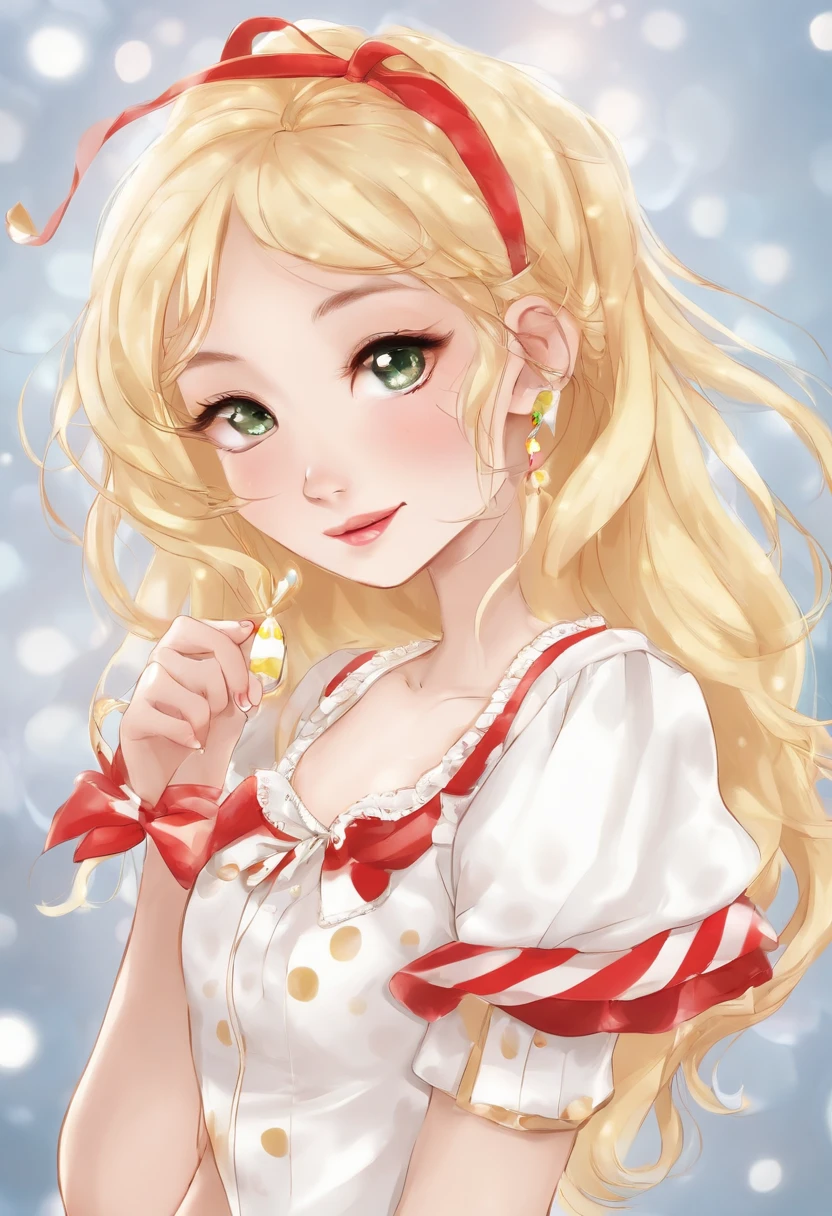 a beautiful girl with blonde semi-long hair wearing a white and yellow miniskirt, a magic candy cane, polka dots