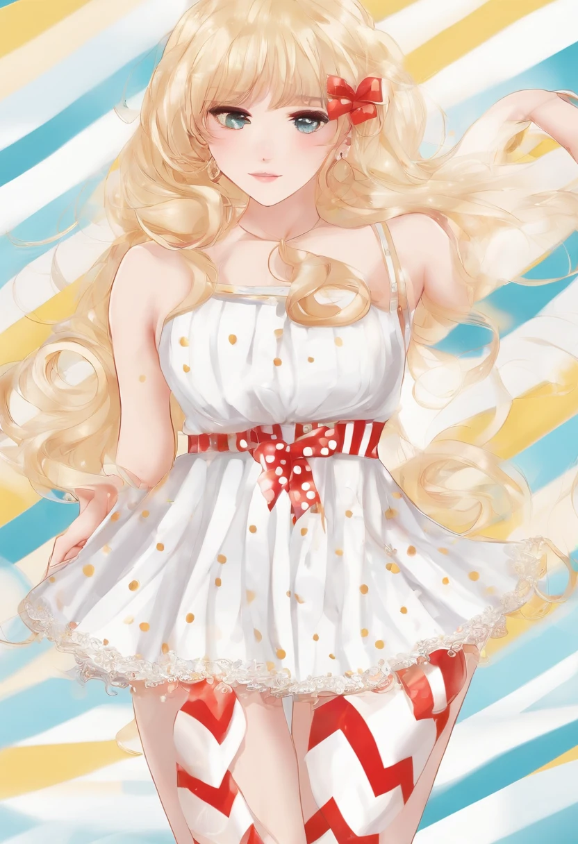 a beautiful girl with blonde semi-long hair wearing a white and yellow miniskirt, a magic candy cane, polka dots