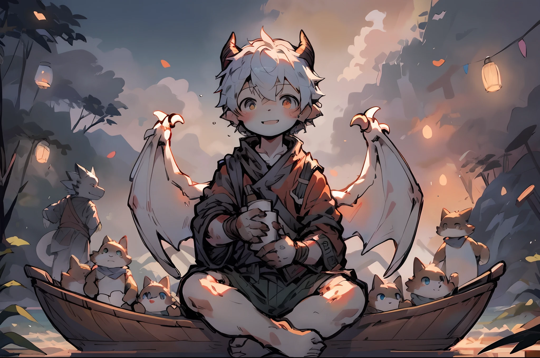 Stylistic image of a little boy sitting in a wooden boat, trending on artstation pixiv, Guviz-style artwork, Very handsome, Guviz, Guweiz on ArtStation Pixiv, young male anthro dragon,White scales,White hair,long distance photo,male people,toddlers,((Libido boy)),Dragon's horn,by Pino Daeni, canyne khai, milkytiger1145, Dagasi, Yupa,Wooden boats,Wooden paddles,((solo person))