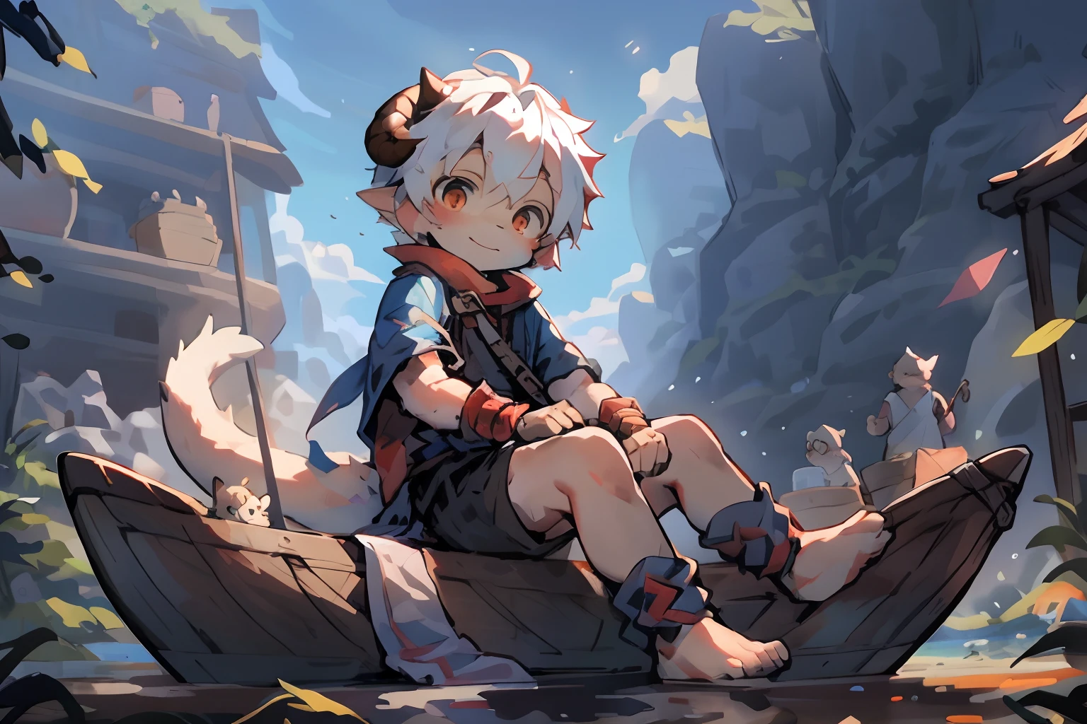 Stylistic image of a little boy sitting in a wooden boat, trending on artstation pixiv, Guviz-style artwork, Very handsome, Guviz, Guweiz on ArtStation Pixiv, young male anthro dragon,White scales,White hair,long distance photo,male people,toddlers,((Libido boy)),Dragon's horn,by Pino Daeni, canyne khai, milkytiger1145, Dagasi, Yupa,Wooden boats,Wooden paddles,((solo person))
