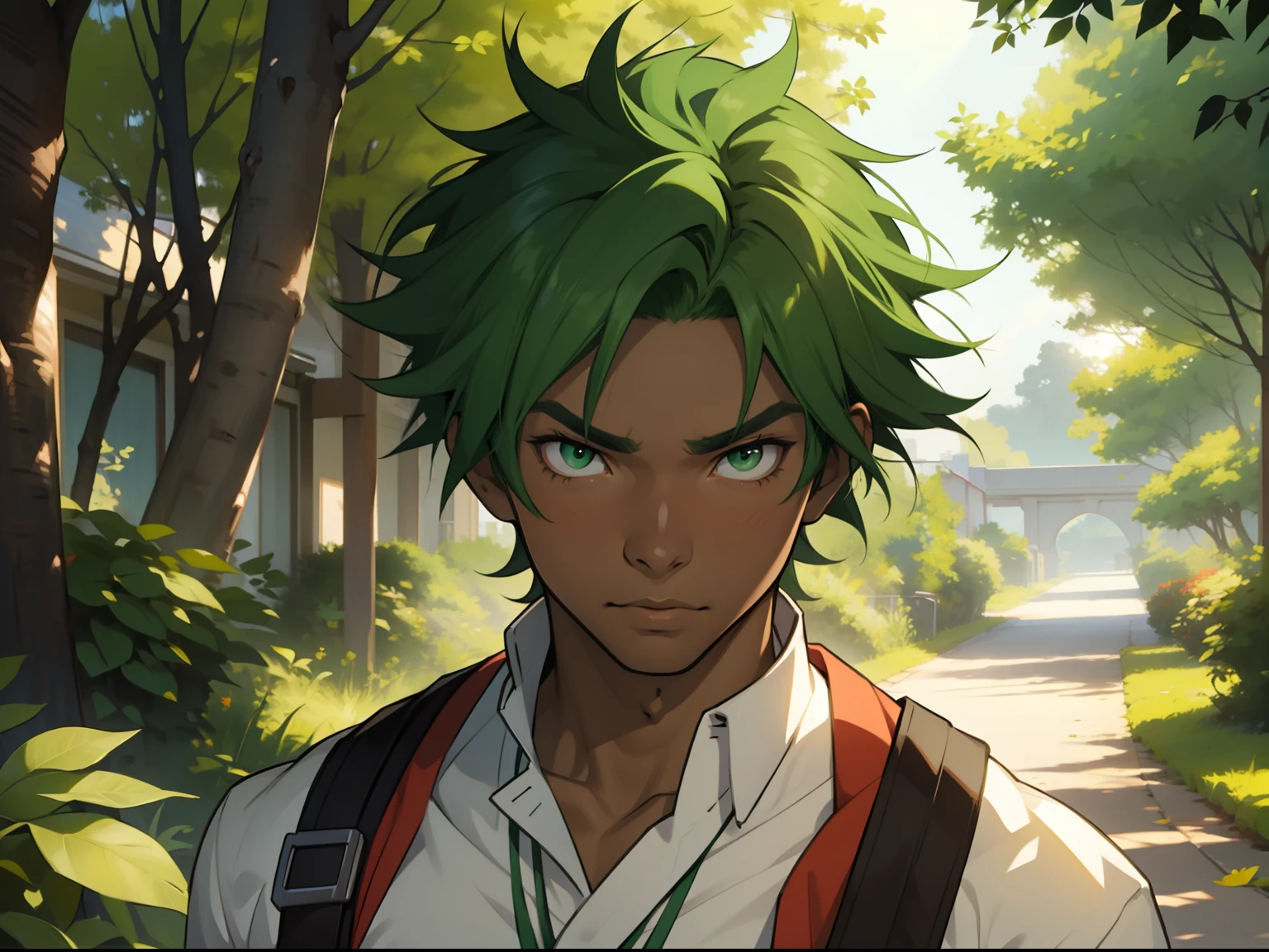 Blasian man, male, green eyes, sunlight, green hair, school Outfit, pretty, highly detailed, cinematic, epic, anime style