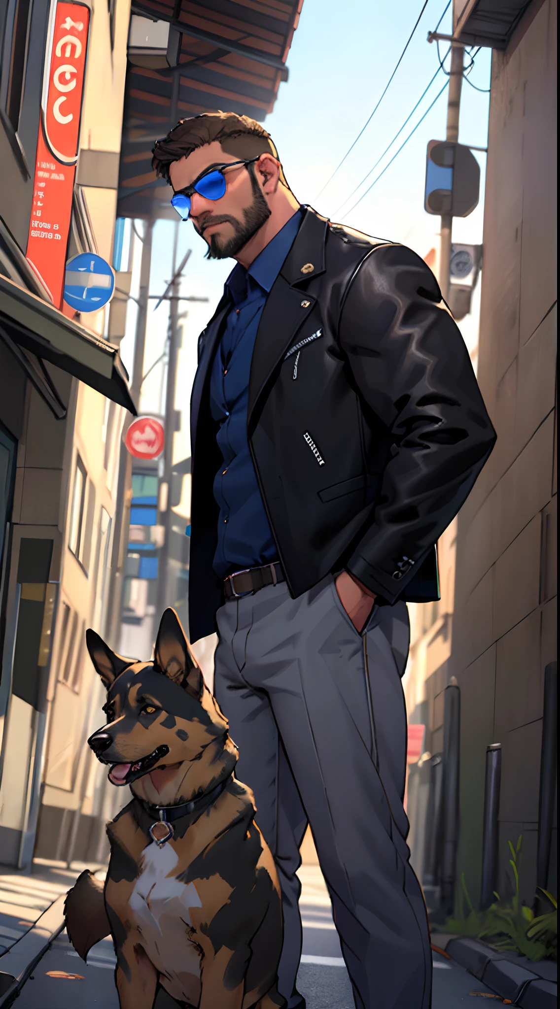 a man with a beard and a big German Sheppard dog, the man wearing reflective sungglasses, blue formal shirt, brown leather jacket, standing on the sidewalk, the man standing behind the dog, ((the high well detailed)), detailed face, bad ass shot, seen from the front, cowboy shot, low angle, close up on the dog, (looking up:1),
