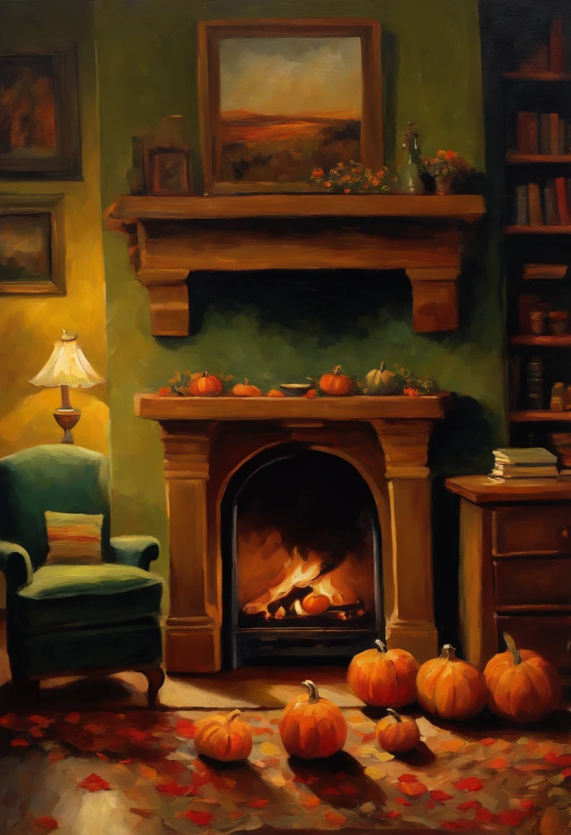 An oil painting in the style of Vincent van Gogh of a cozy scene of a fireplace, a bookshelf, and a cup of hot chocolate. There are two small orange pumpkins on the left side of the mantel and a few yellow and red leaves scattered on the right side. The rest of the mantel and the floor are clear.