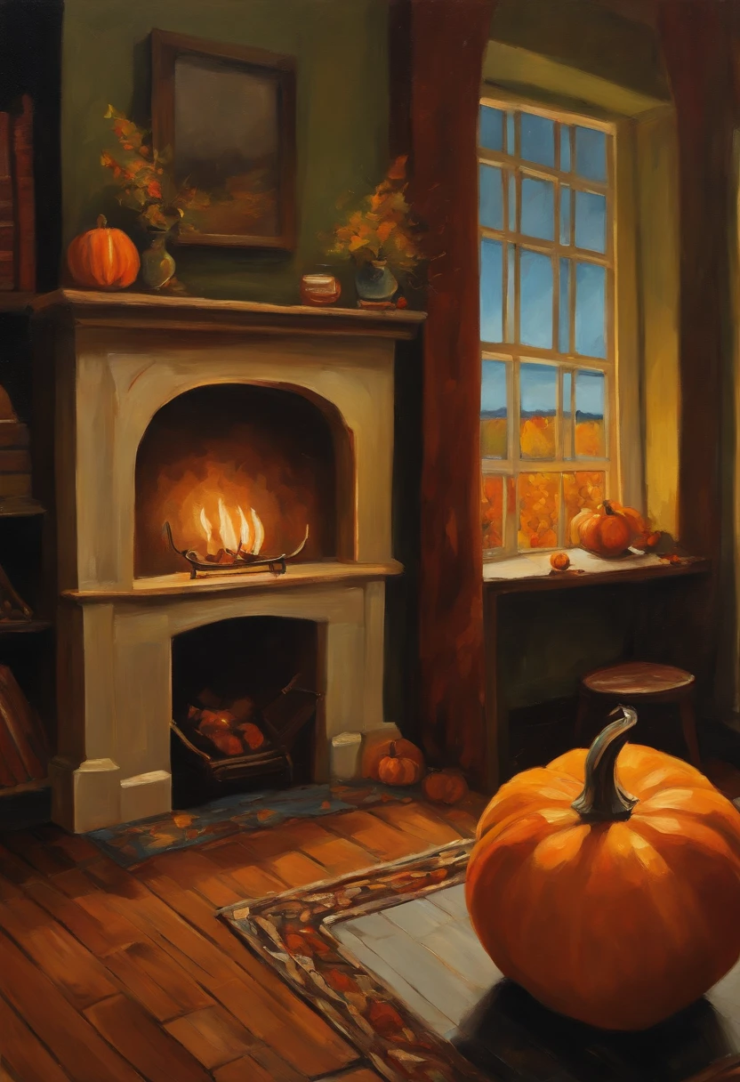 An oil painting in the style of Vincent van Gogh of a cozy scene of a fireplace, a bookshelf, and a cup of hot chocolate. There are two small orange pumpkins on the left side of the mantel and a few yellow and red leaves scattered on the right side. The rest of the mantel and the floor are clear.