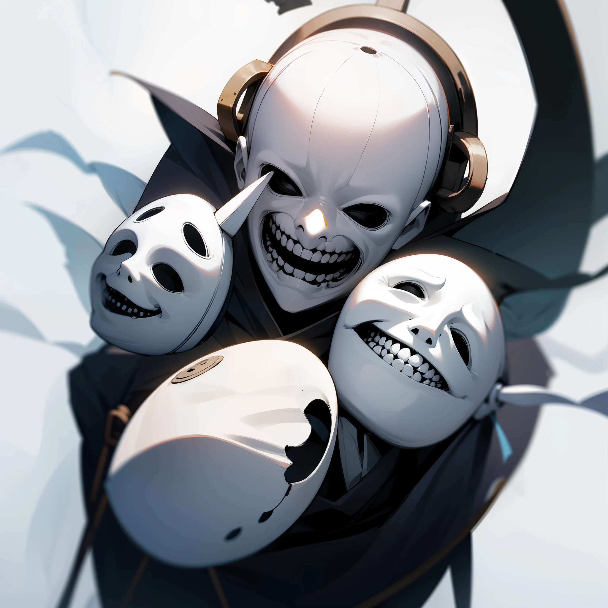 Circular white mask with no eyes and a wide sinister smile, horror, scary, creepy. mask hanging in the air with nobody holding it.