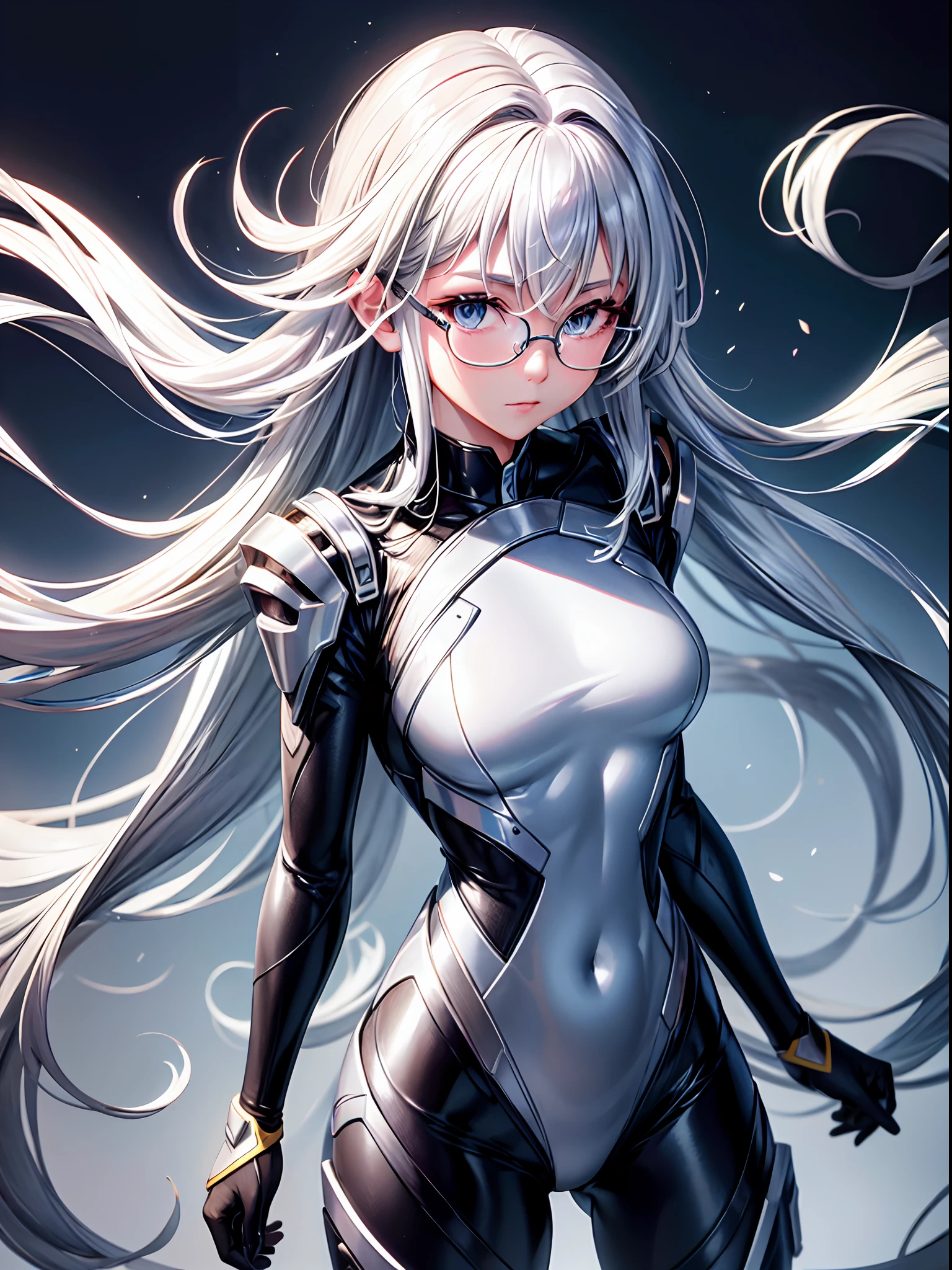 8K  UHD、Silver-haired beauty，Little Nose wears a shiny silver full-body rider suit，Stand with glasses，Open your legs forward、Wears a silver metal rider suit、up of the upper body