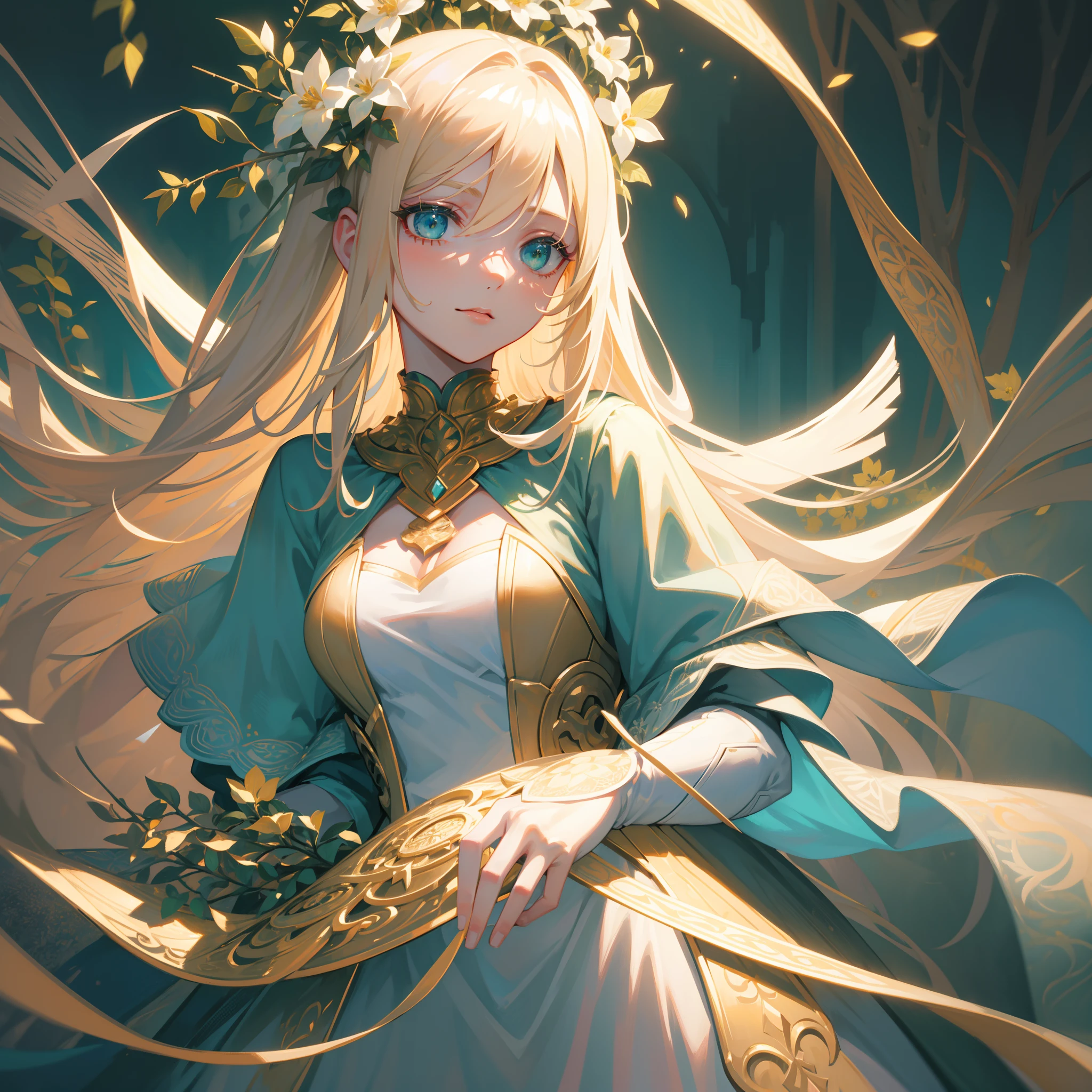 35 mm, Incredibly hyper-detailed and intricately realistic, full body character, Adult, Beautiful, Female, Perfect, Long Blonde Hair, Green eyes, Elegant white dress, flower in hair, Detailed face, White skin, Mature facial features of female Nordica, Garden background, Cover art, zoomout, Choker, hyper detailed painting, luminism, Bar lighting, with an intricate, 4k resolution concept art portrait