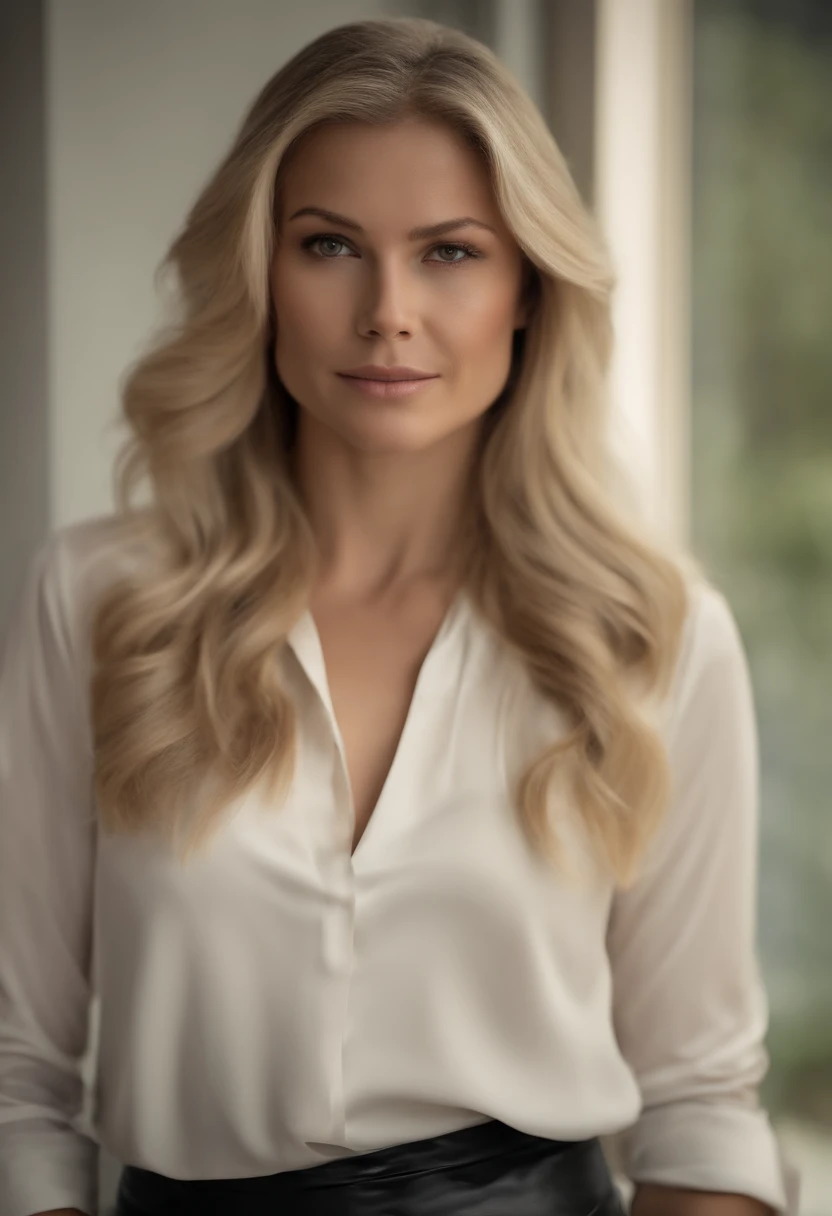 Blonde woman in an office wearing a satin blouse and a black leather skirt