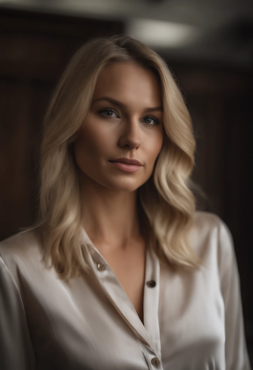 Blonde woman in an office wearing a satin blouse and a black leather skirt