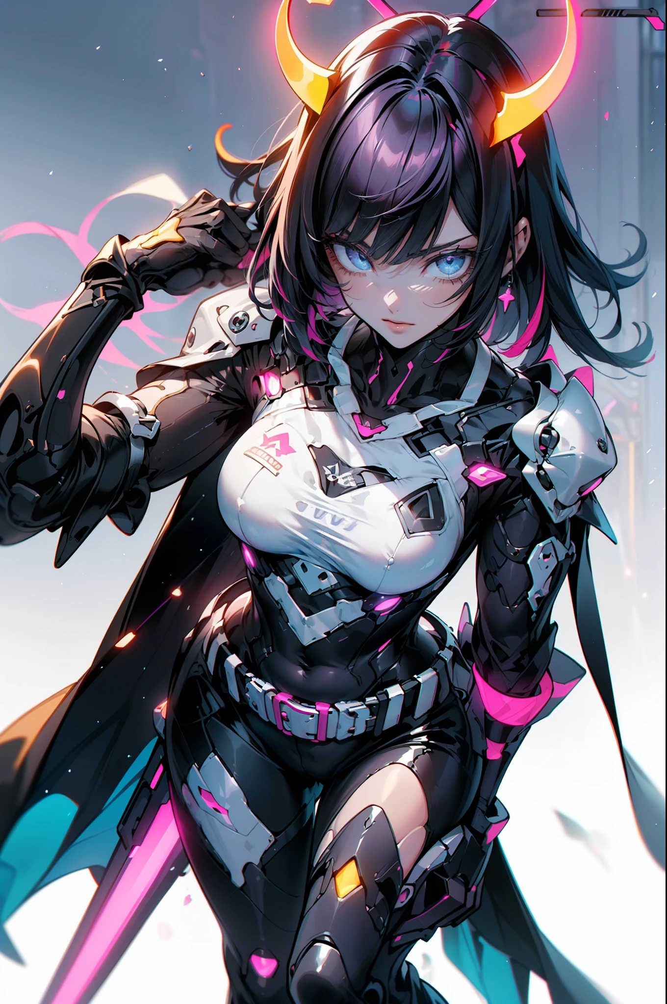 (master part), Mundo digital hipnotizado, cores vibrantes e contrastantes, franja de cabelo, franja contundente, violet cyber armor, corar,  monstro bonito, (olhos violetas), ((cyber cat fantasy), (Hair in all the colors of the rainbow), (cabelos absurdamente longos), (pequenos chifres brancos), (Curvy), seios, Coxas, (pose fofa), ao ar livre, Carros voadores, glowing neon lights, luzes brilhantes, (Refletor de piso), twilights, (estrelado), Personagem encantador, Moe,,