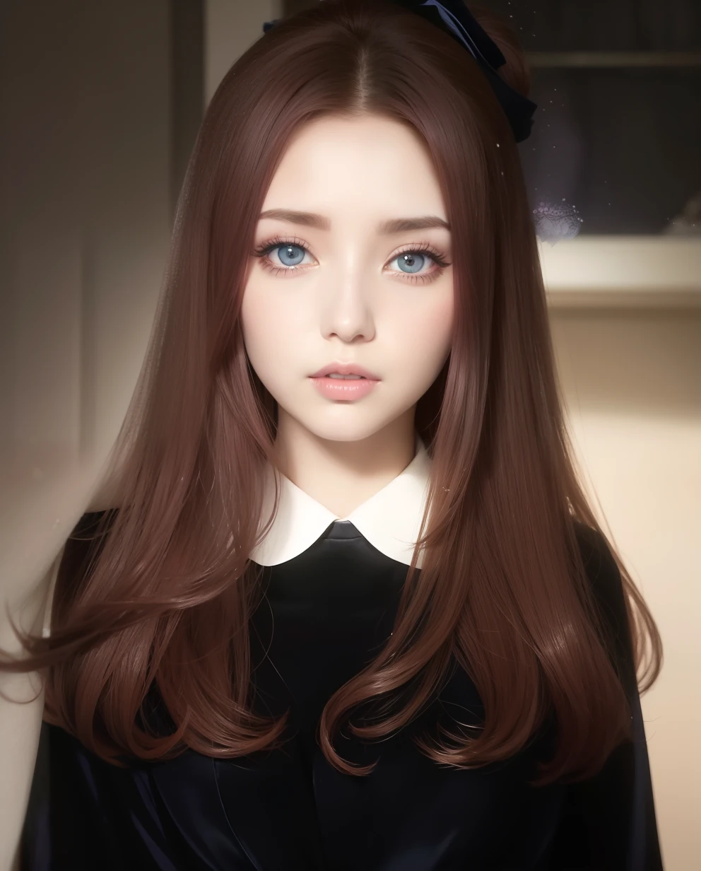 Maroon hair and eyes、lips glow pink、A dark blue dress and white eli bring a sense of cleanliness。Elegant lady type、Her eyes are soft and gentle as if they were wet、realistic、realisitic