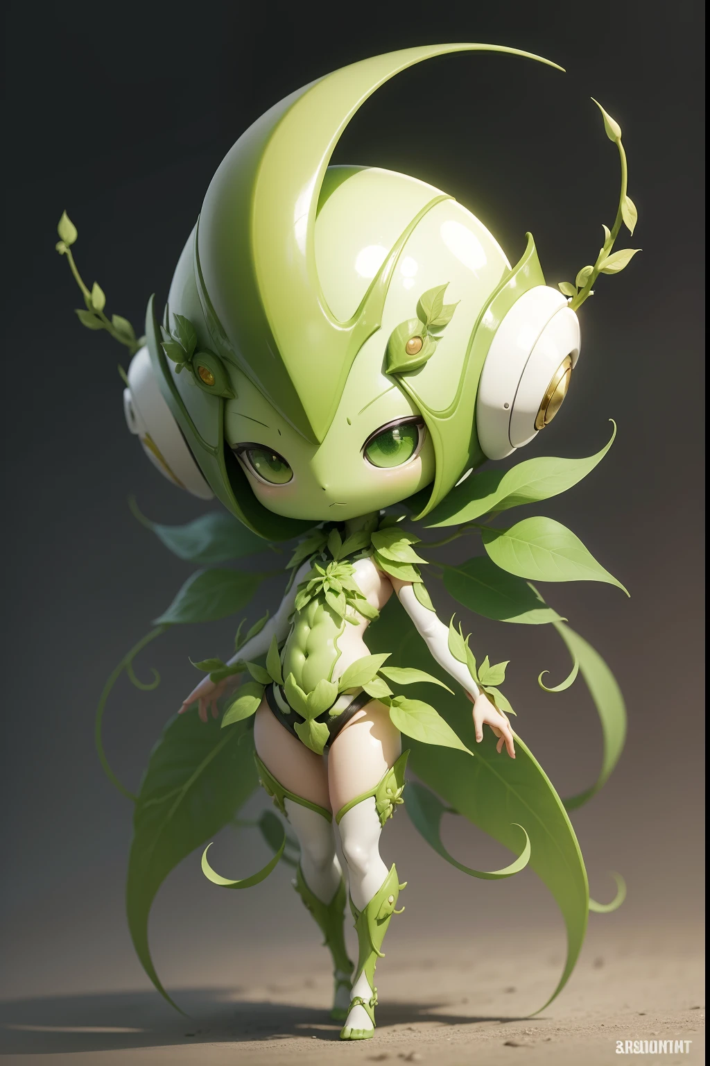 chibi, full-body, white background, alien botanist, photosynthetic skin, flora-based weaponry, vine-like appendages