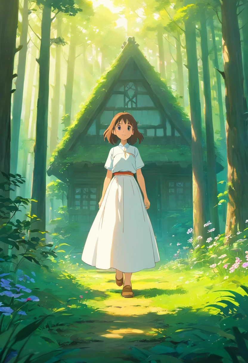 ln the forest,tall house,Kizi,a white long skirt,Back Shadow,rays of sunshine,Flowers in hand