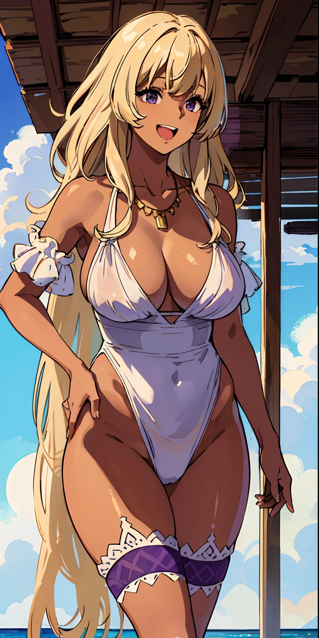 (top-quality、​masterpiece)、1girl in、a blond、A stunning、(((Laugh)))、(((Brown skin tone)))、sun burn、(((Colossal tits)))、large full breasts、Sheer areol、Sheer clothes、(((You can see the purple high leg)))、Show underwear、I can see my chest a little、a necklace
