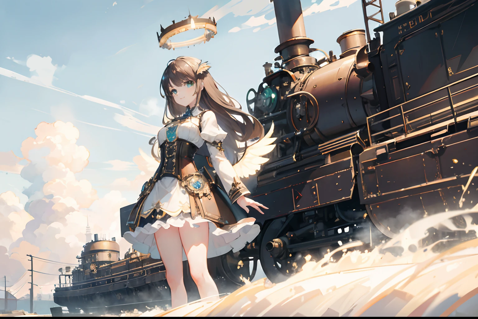 from above, wide shot, scenery, huge steam engine on background, dense steam, 1 girl, standing on the engine, white chiffon skirt, brown hair, long hair, white mini skirt blue corset, 8K, masterpiece, mechanical wings, halo, detailed, green eyes, smile, chest open, steampunkai