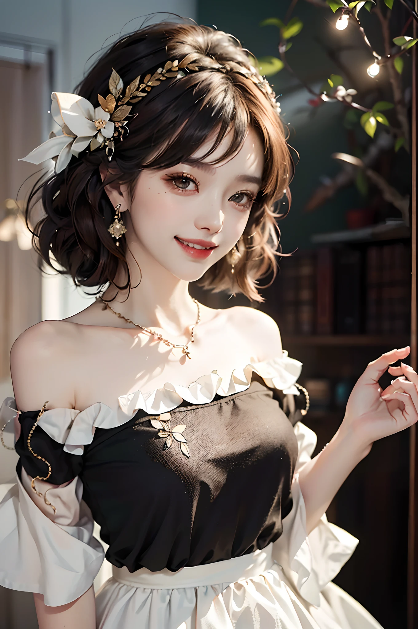 ((full body)), ((from below)), ((Sit Pose)), ((realistic)), ((off shoulder clothes)), 1girll, Asian model, curlies, Air bangs, Beautiful hair accessories, Brown hair, slim, ((Black vest, neck bowtie, White pleated skirt)), Campus style, (Random scenes) (warm lights, a warm color palette), Detailed details, ultra-detailliert, (tmasterpiece, best qualtiy), (An extremely delicate and beautiful work), Delicate earrings, Simple blurred background, Extreme detail description, Ultra-fine painting, Delicate face, slim toned body, (grin, Baring teeth)
