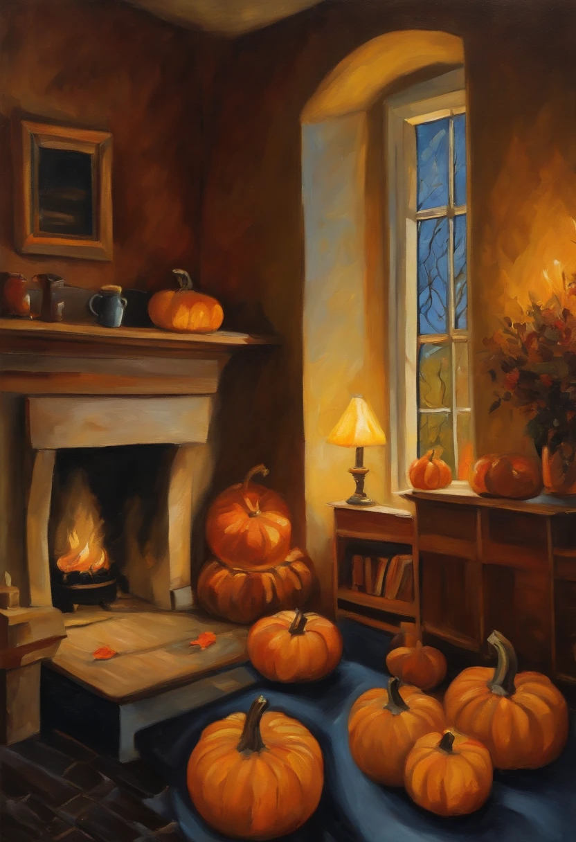 An oil painting in the style of Vincent van Gogh of a cozy scene of a fireplace, a bookshelf, and a cup of hot chocolate. There are two small orange pumpkins on the left side of the mantel and a few yellow and red leaves scattered on the right side. The rest of the mantel and the floor are clear of pumpkins and leaves.