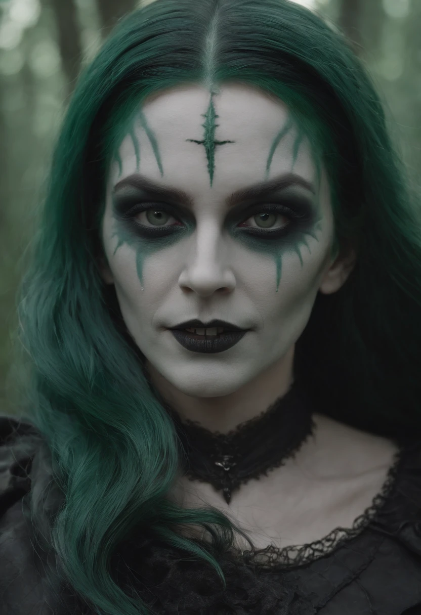 (8K UHD:1.2), (masterpiece), (best quality), an eldritch witch with wild black and green hair, a pale blistering face with cracked skin, corpse paint makeup, a sinister grin showing rotten teeth, dense smoke, and shadows, highly detailed, digital painting.