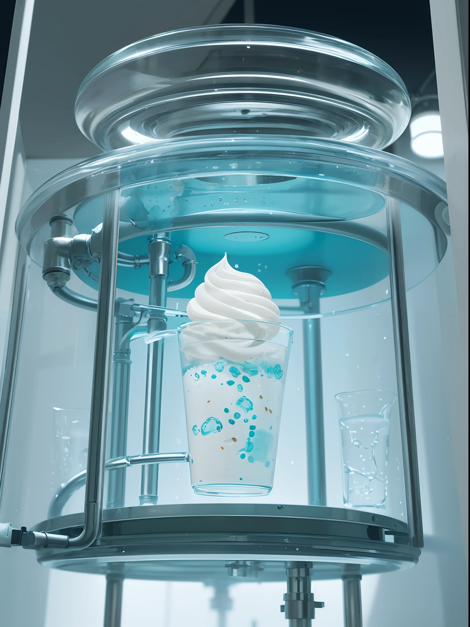Delicious soft-serve ice cream no human, (head out frame,wide shot:1.2), (masterpiece, best quality, extremely detailed:1.0), Background is Laboratory, SF, Water Capsule, Population machine, with green water, glass cylinder, Near-future interior, hard walls, pipes, metal, Night, lights out