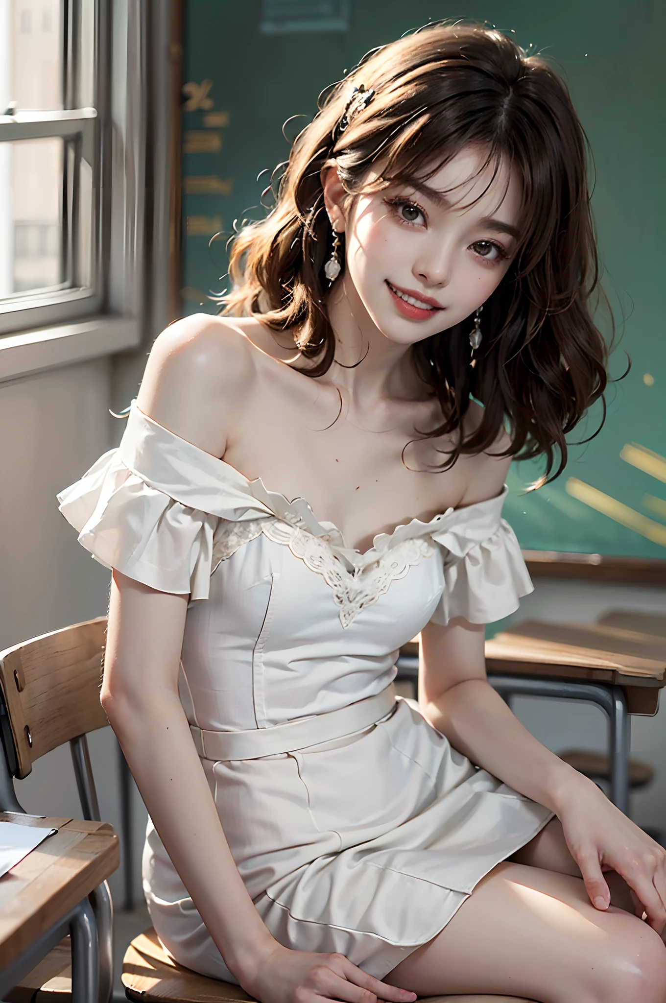 ((full body)), ((Random shooting angle)), ((looking toward the viewer)) ((realistic)), ((off shoulder clothes)), 1girll, Asian model, curlies, Air bangs, Beautiful hair accessories, Brown hair, slim, ((Fan T-shirts, Short white dress)), Campus style, (Classroom, Sit Pose, sittinng on the desk), (warm lights, a warm color palette), Detailed details, ultra-detailliert, (tmasterpiece, best qualtiy), (An extremely delicate and beautiful work), Delicate earrings, Simple blurred background, Extreme detail description, Ultra-fine painting, Delicate face, slim toned body, (grin, Baring teeth)