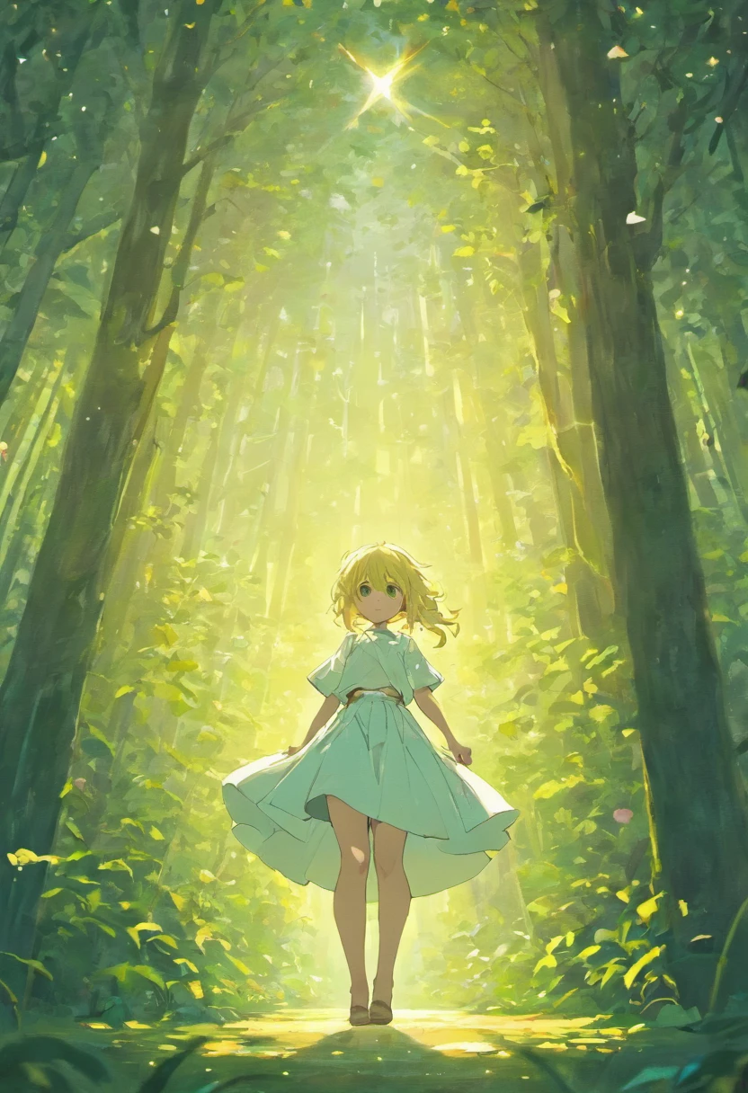 ln the forest,tall house,Kizi,a white long skirt,Back Shadow,rays of sunshine,Flowers in hand