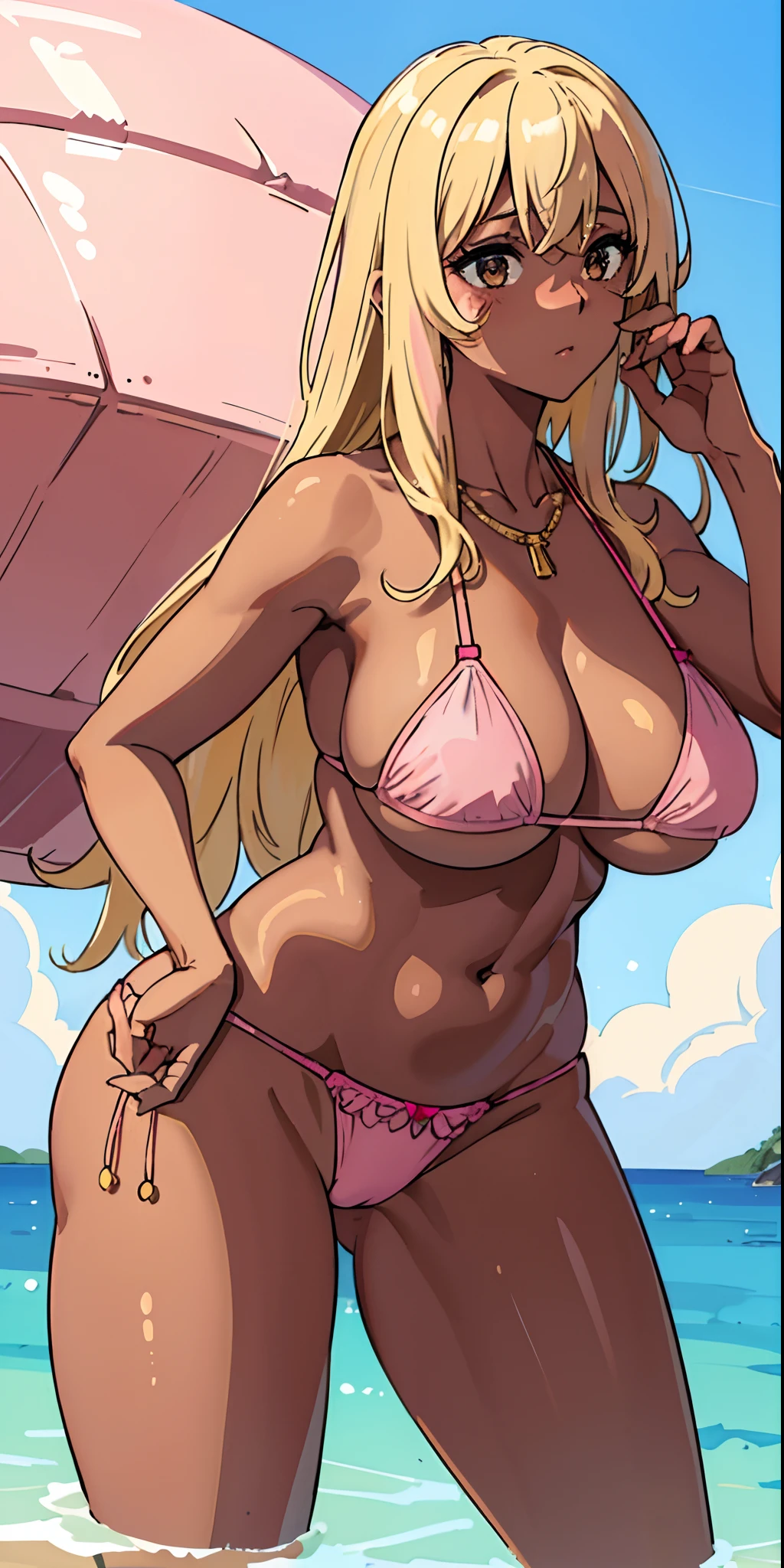 (top-quality、masterpiece)、1girl in、(((a blond)))、A stunning、(((teats)))、(((Brown skin tone)))、sun burn、(((Colossal tits)))、large full breasts、Sheer areol、gargantilha、(((Pink Bikinil Looks)))、Show underwear、I can see my chest a little、a necklace