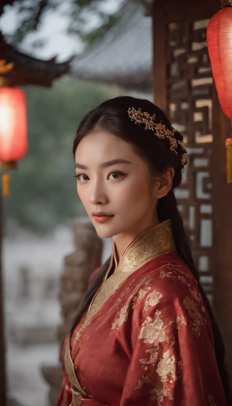 1womanl, 24 years of age,Chinese Beauty,Focus above the thighs,Star-studded beauty,Chinese costumes,Ancient Chinese court architecture,Chinese elements,the night,Numerous lanterns,Front lighting,