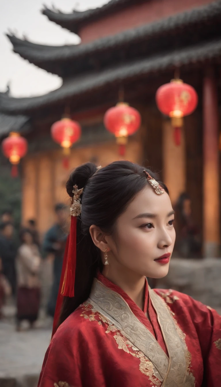 1womanl, 24 years of age，Chinese Beauty，Focus above the thighs，Star-studded beauty，Chinese costumes，Ancient Chinese court architecture，Chinese elements，the night，Numerous lanterns，Front lighting，