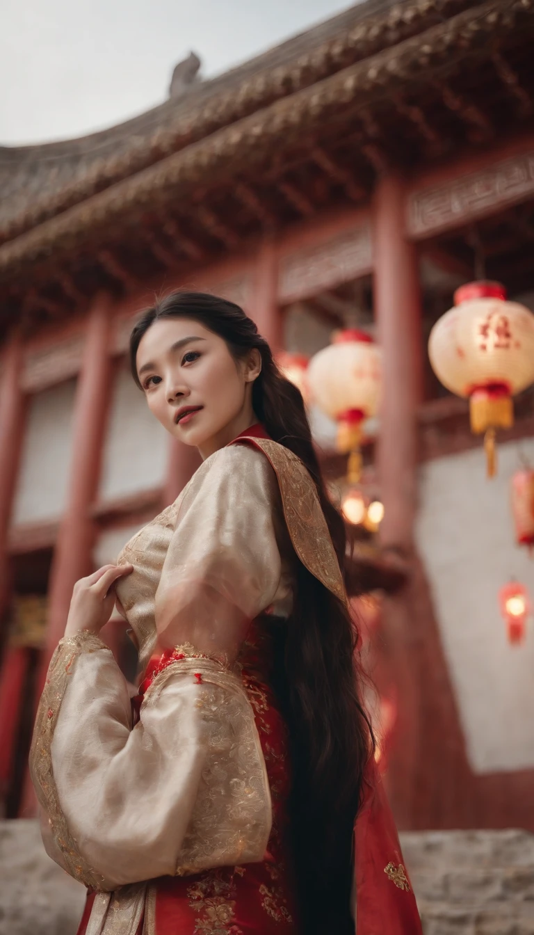 1womanl, 24 years of age，Chinese Beauty，Focus above the thighs，Star-studded beauty，Chinese costumes，Ancient Chinese court architecture，Chinese elements，the night，Numerous lanterns，Front lighting，