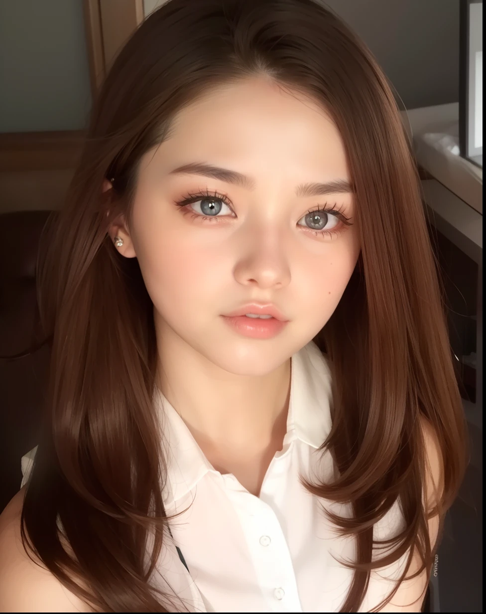 shiny chestnut hair、Blue-brown eyes、Matte peach-colored lips、White sleeveless blouse、Beautiful eyes of a beautiful girl、Elegant lady style