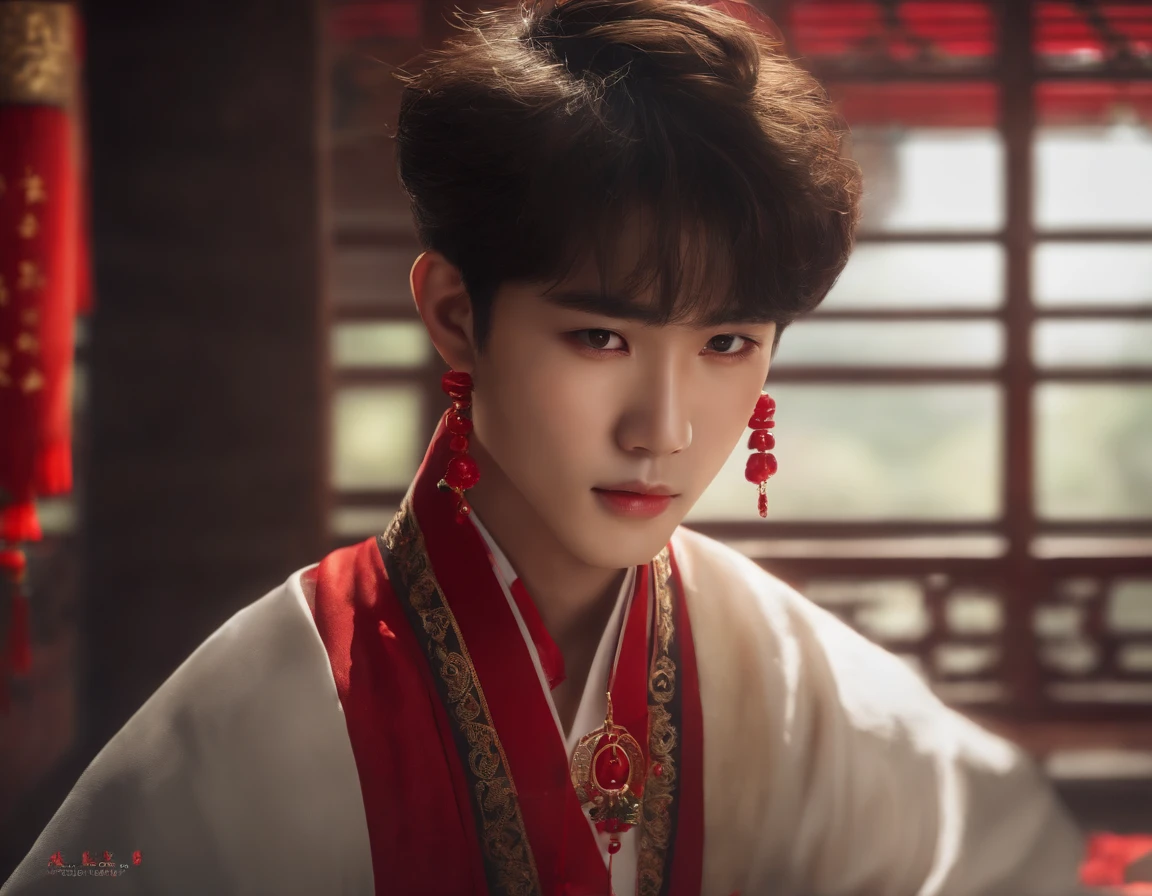 Chung-yu-hsien, 1boy, Bangs, brown_hair, Chinese_Clothes, close-up, Closed_Mouth, red earrings, up looking_で_viewer, Man's_Focus,Red_Eyes, Solo