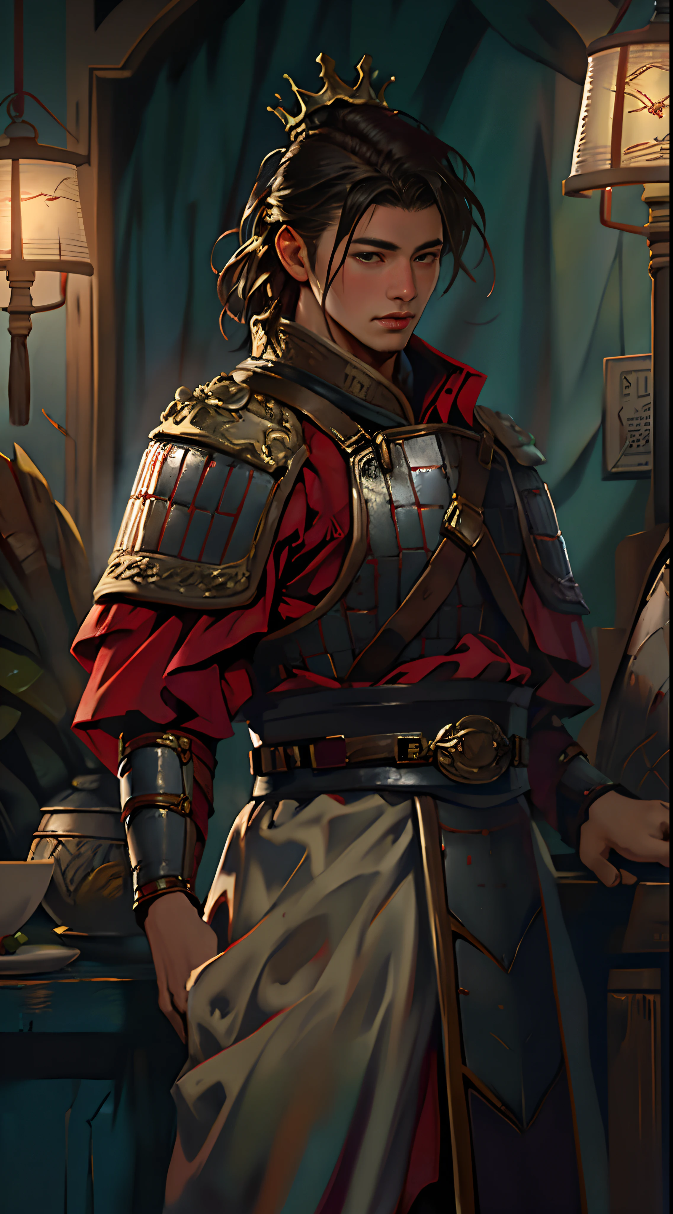 8K, RAW photo, Best quality, (Masterpiece:1.2), (Realistic:1.3), (Photorealistic:1.3), Ultra-detailed, (highdetailskin:1.2), Soft lighting, filmgrain, Fujifilm XT3, Handsome,Muskell,full bodyesbian,1boys,Armor,(((symetry
))),single hair bun,,Hair crown,Red clothes