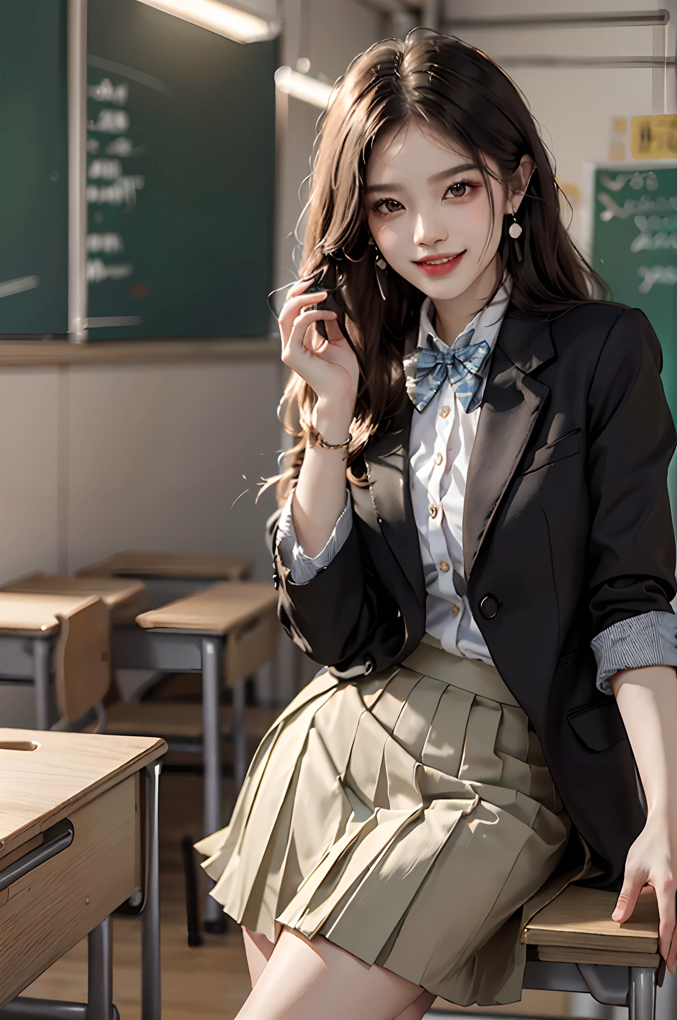 ((full body)), ((Random shooting angle)), ((looking toward the viewer)) ((realistic)), 1girll, Asian model, slim, ((Black coat, neck bowtie, White pleated skirt)), Campus style, (Classroom, Sit Pose, sittinng on the desk), (warm lights, a warm color palette), Detailed details, ultra-detailliert, (tmasterpiece, best qualtiy), (An extremely delicate and beautiful work), Delicate earrings, Simple blurred background, Extreme detail description, Ultra-fine painting, Delicate face, slim toned body, (grin, Baring teeth)