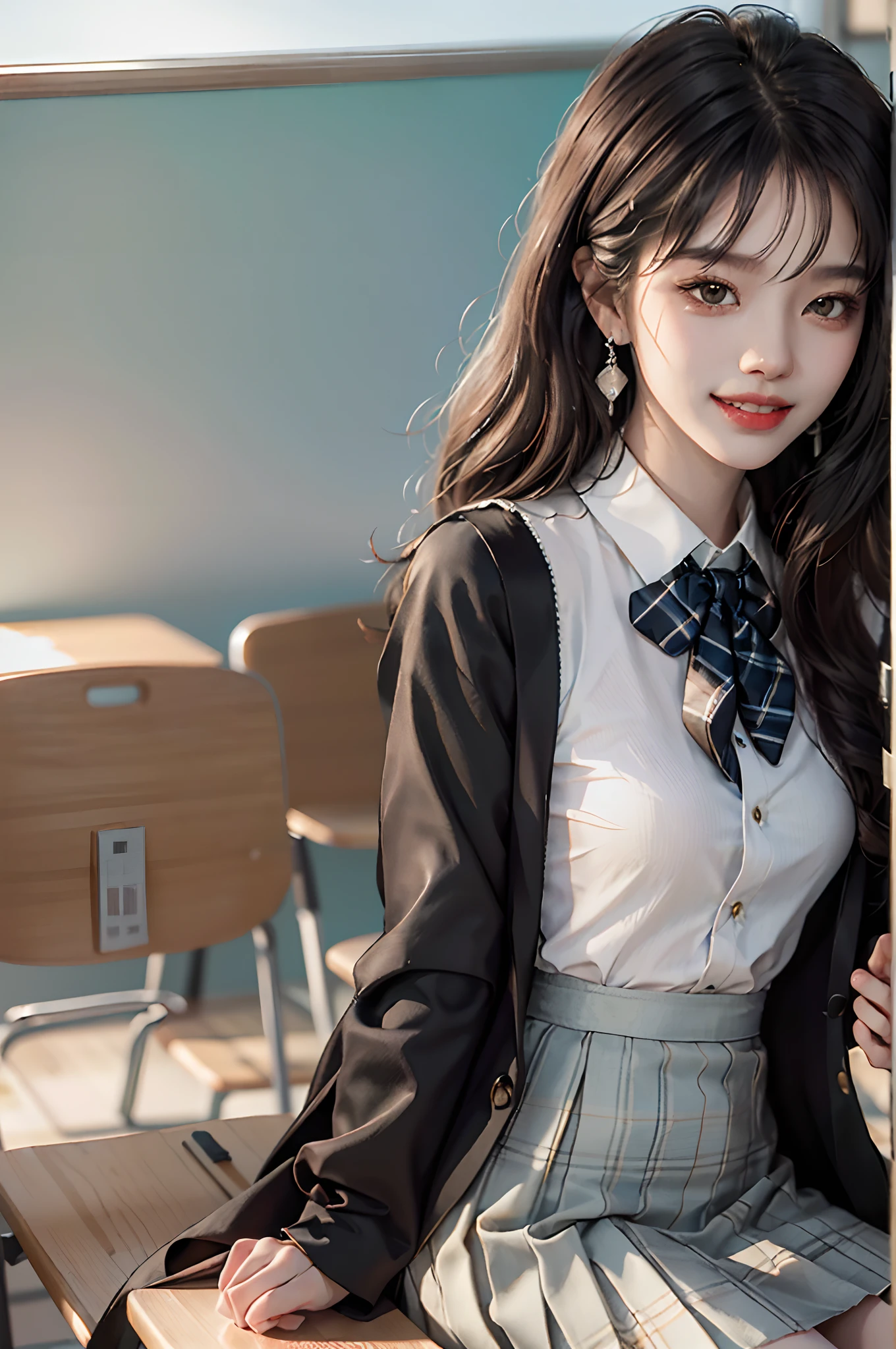((full body)), ((Random shooting angle)), ((looking toward the viewer)) ((realistic)), 1girll, Asian model, slim, ((Black coat, neck bowtie, White pleated skirt)), Campus style, (Classroom, Sit Pose, sittinng on the desk), (warm lights, a warm color palette), Detailed details, ultra-detailliert, (tmasterpiece, best qualtiy), (An extremely delicate and beautiful work), Delicate earrings, Simple blurred background, Extreme detail description, Ultra-fine painting, Delicate face, slim toned body, (grin, Baring teeth)