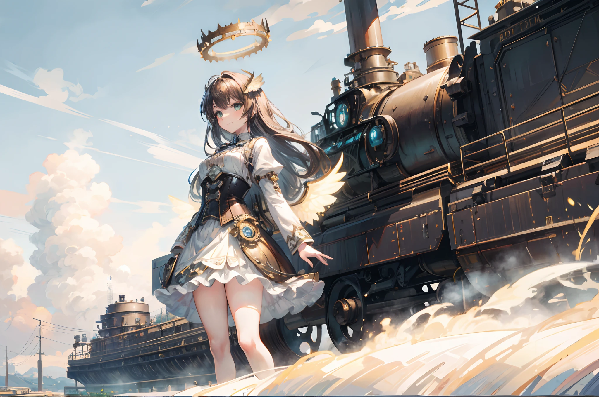 from above, wide shot, scenery, huge steam engine on background, dense steam, 1 girl, standing on the engine, white chiffon skirt, brown hair, long hair, white mini skirt blue corset, 8K, masterpiece, mechanical wings, halo, detailed, green eyes, smile, chest open, steampunkai