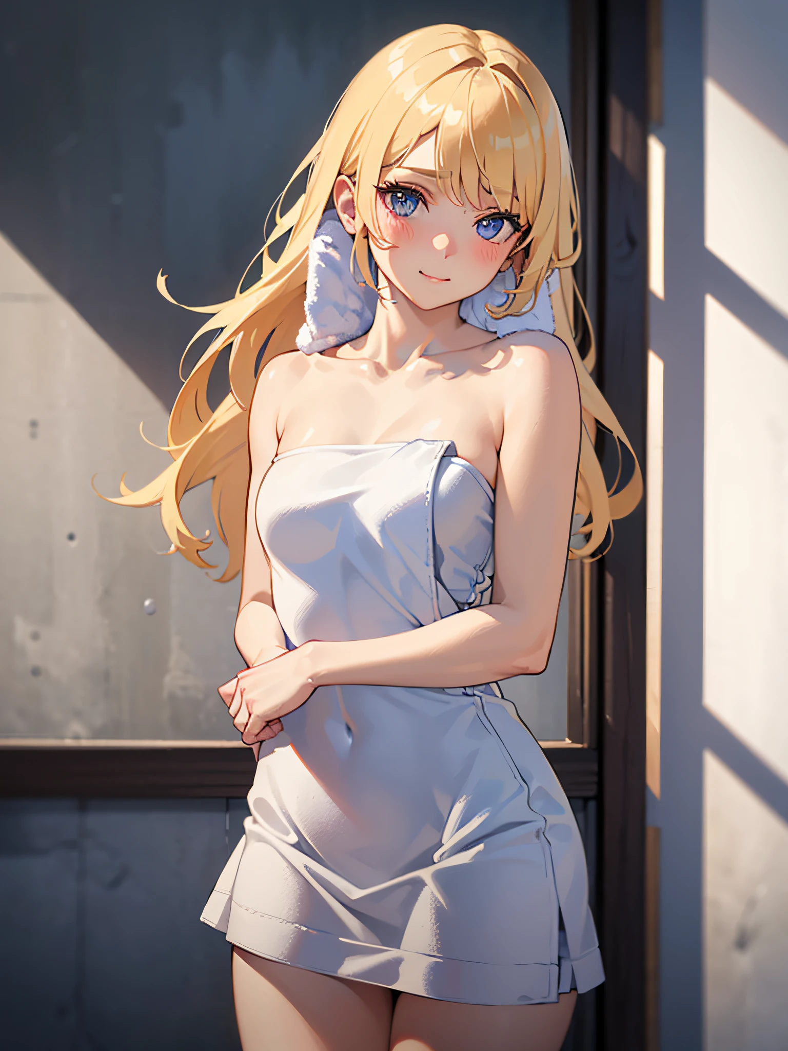 (​masterpiece), (top-quality), (White Tube Top Extra Small Dress:1.5), (Exposed shoulders:1.5), (Towel fabric:1.5), (blushed face:1.3), (barechested:1.3), (Realistic:1.5), 1 little girl, Precise little hands, Embarrassed look, Smile, a very pretty girl, Baby face, Clear eyes, Shining eyes, shoulders can be seen, tiny chest, thigh visible, No pubic hair, Beautiful skins, ultra-definition, Top resolution, Golden hair, At the school building