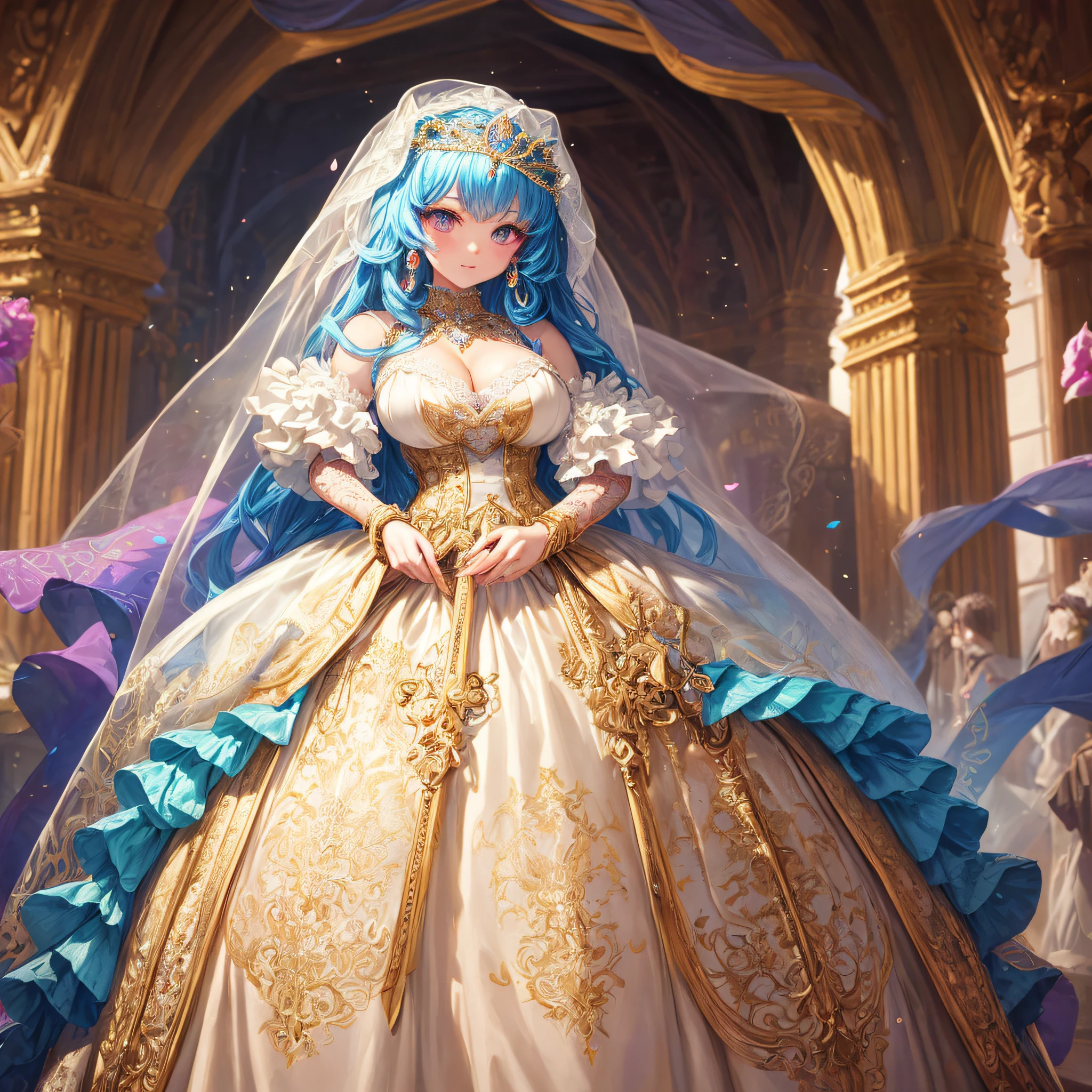 (masterpiece, best quality,extremely detailed,moe anime art style:1.1),1girl, ((solo)), cute, kawaii,digital art,((1 bling-bling anime princess wearing beautiful embroidery and jeweled ruffled gorgeous princess ballgown with voluminous full length hoop skirt)),((crinoline)),long train,voluminous frills,(gorgeous embroidery and beautiful lace),(very gigantic boobs,cleavage,skindentation),((shiny hair,very long straight hair)),((finely detailed face and eyes)),clear pupil,extremely gorgeousfull hair ornament,(bling-bling jeweled extremely gorgeousfull tiara),((bling-bling gorgeous gemstone jewelry)),long veil,((beautiful background,fantasy)),flowers,flower petals flowing,full body,looking away,((beautiful embroidery and jeweled ruffled gorgeous princess ballgown with voluminous full length hoop skirt))