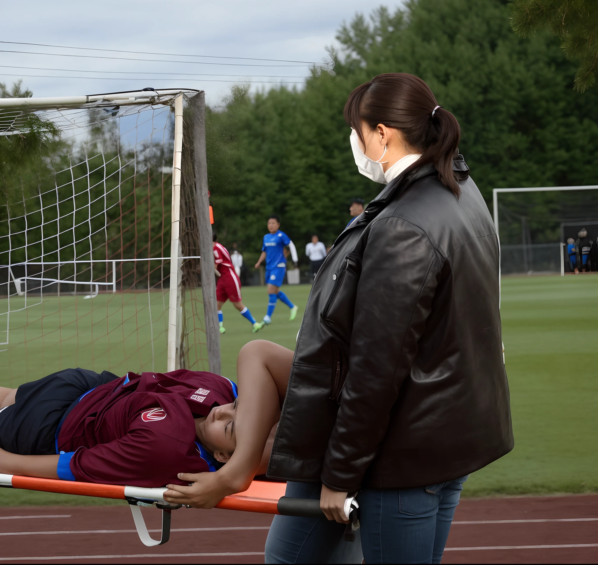 A scene at a soccer stadium in Mongolia, There is an attractive and heavily made-up Mongolian female police officer in a long black leather coat, A Mongolian female police officer in a shiny black leather coat on a soccer field, A Mongolian female police officer is holding a stretcher, A man is lying on the soccer stadium his back with his torso on the right in matt and roughened white and red sportswear on a stretcher, a man lies on a stretcher and has his left arm bent over his face, we only see the torso and thighs of the male athlete who is being carried with the stretcher to the left off the picture, the man lies on his back on the stretcher and covers his face with his bent left arm, the mongolian policewoman is exceptionally heavily made up and has an extremely desperate and very angry expression on her face, high-resolution photo, realistic sports photo, soccer scene, mongolia, mongolian policewoman, uniformed woman in black shiny long leather coat, injury scene, real photo, ultra realistic, high definition, sports photography