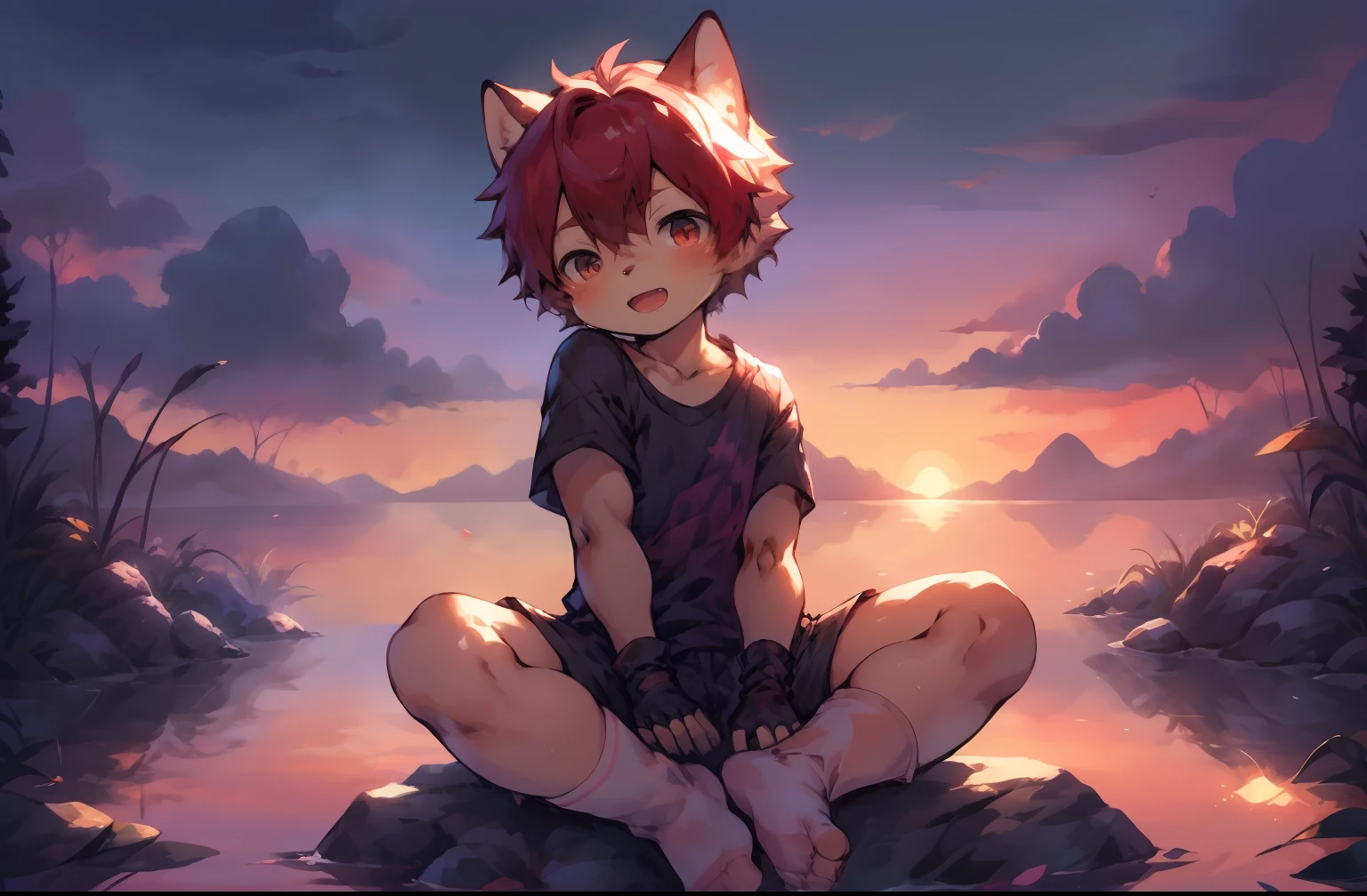 (A turtle)，red fox，sitting on the stone，((Shota)), Red and white hair, Very good figure, Handsome，adolable, Light：Extreme light and shadow, Reflective skin,Reddish skin，Black short-sleeved T-shirt， ((Wear black knee-length socks)), ((Wear black fingerless gloves))，Black  shorts，((Under the pink sunset))，Outdoor sunset，Purple clouds，by Pino Daeni, canyne khai, milkytiger1145, Dagasi, Yupa，