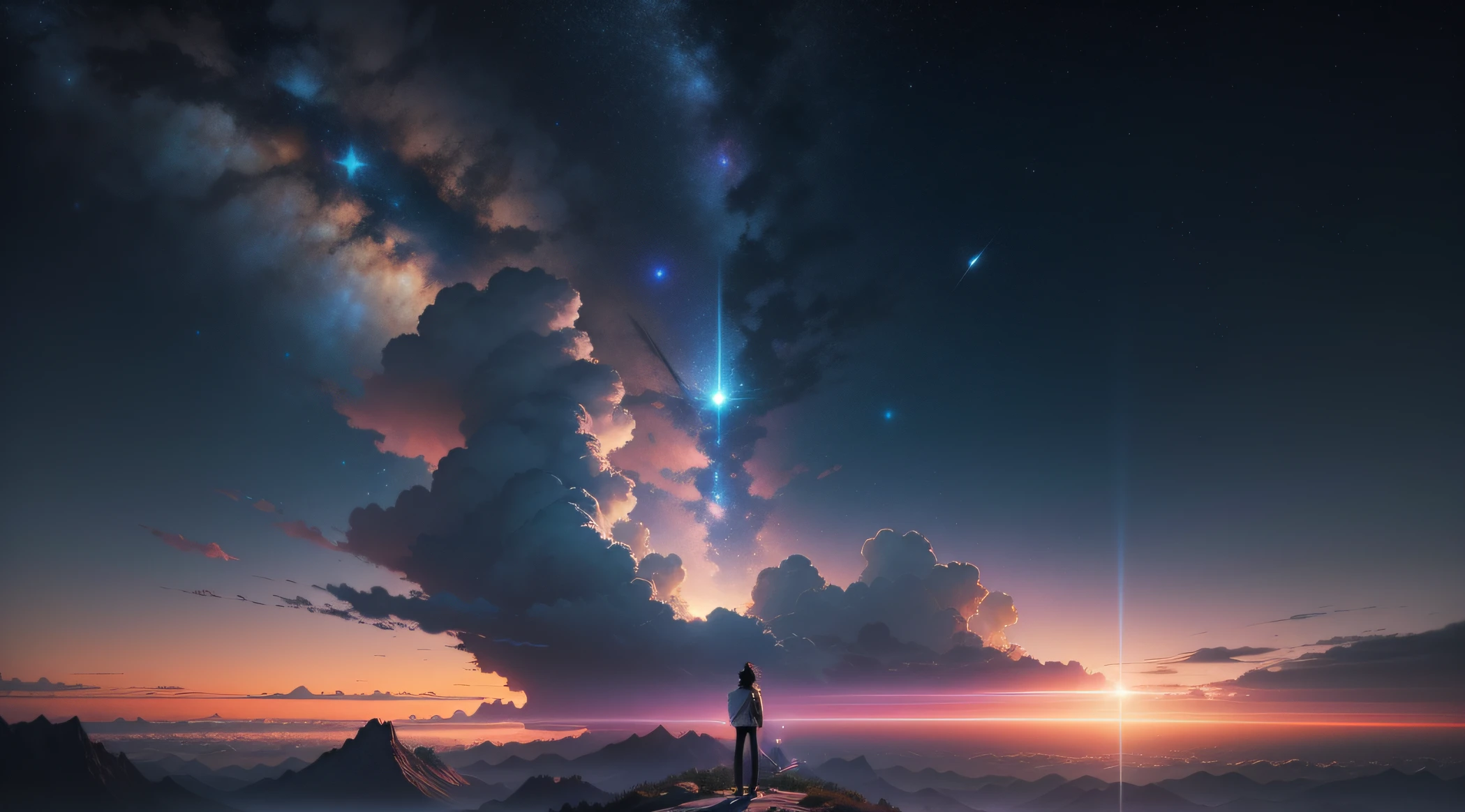 Anime - beautiful sky style scene with stars and planets, cosmic sky. by makoto shinkai, anime art wallpaper 4k, Meteorphor, anime art wallpaper 4k, Anime art wallpaper 8k, anime wallpaper 4k, anime wallpaper 4 k, 4k anime wallpaper, Anime Sky, amazing wallpapers, Anime Background, Anime Background Art, reflection, Quantum transitions, White shirt, Black jeans, at the top of the mountain, Eye Catch.