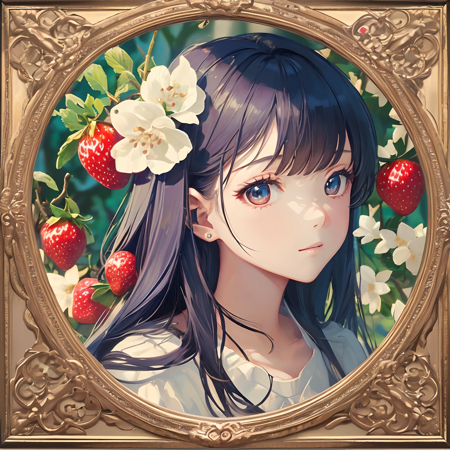 Beauty 1 person、(masterpiece、top-quality、top-quality、Beautifully Aesthetic:1.2)、(1girl in:1.3)、(Fractal Art:1.3)、picture frame、rainbow-colored hair、Detail Frame、round frame、Picture frame in the style of a painting、cute little、white blossoms、A lot of strawberries、Fruit basket、the woods