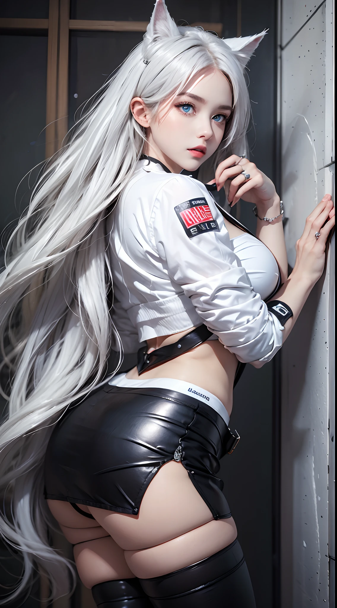 Photorealistic, high resolution, 1 woman, Hips up, Beautiful eyes, Long hair, ringed eyes, jewelry, tattoo, outfit-Blaze, cat ears, white bra, white jacket, black skirt, thigh highs, blue eyes, back view