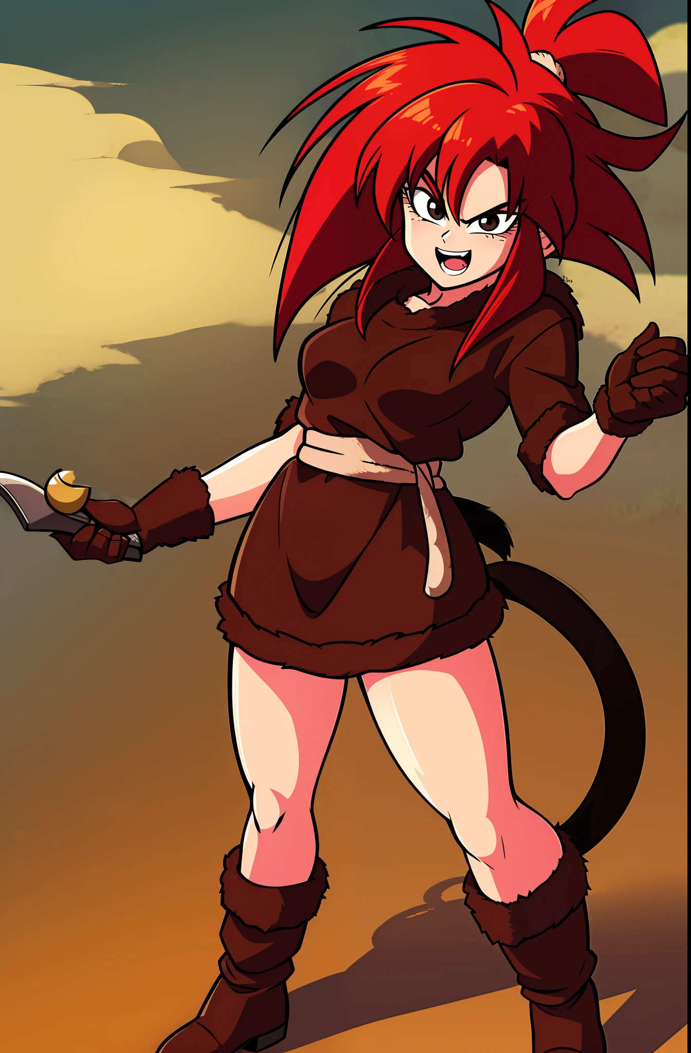 masterpiece, best quality, detailed face, detailed eyes, black eyes,1girl,Saiyaness, 1girl,Saiyan monkey tail, red hair, long wild spiky hair, hair tied, animal skin pelt, animal skin boots, pelt, ,laughing maniacal, bloody hands,