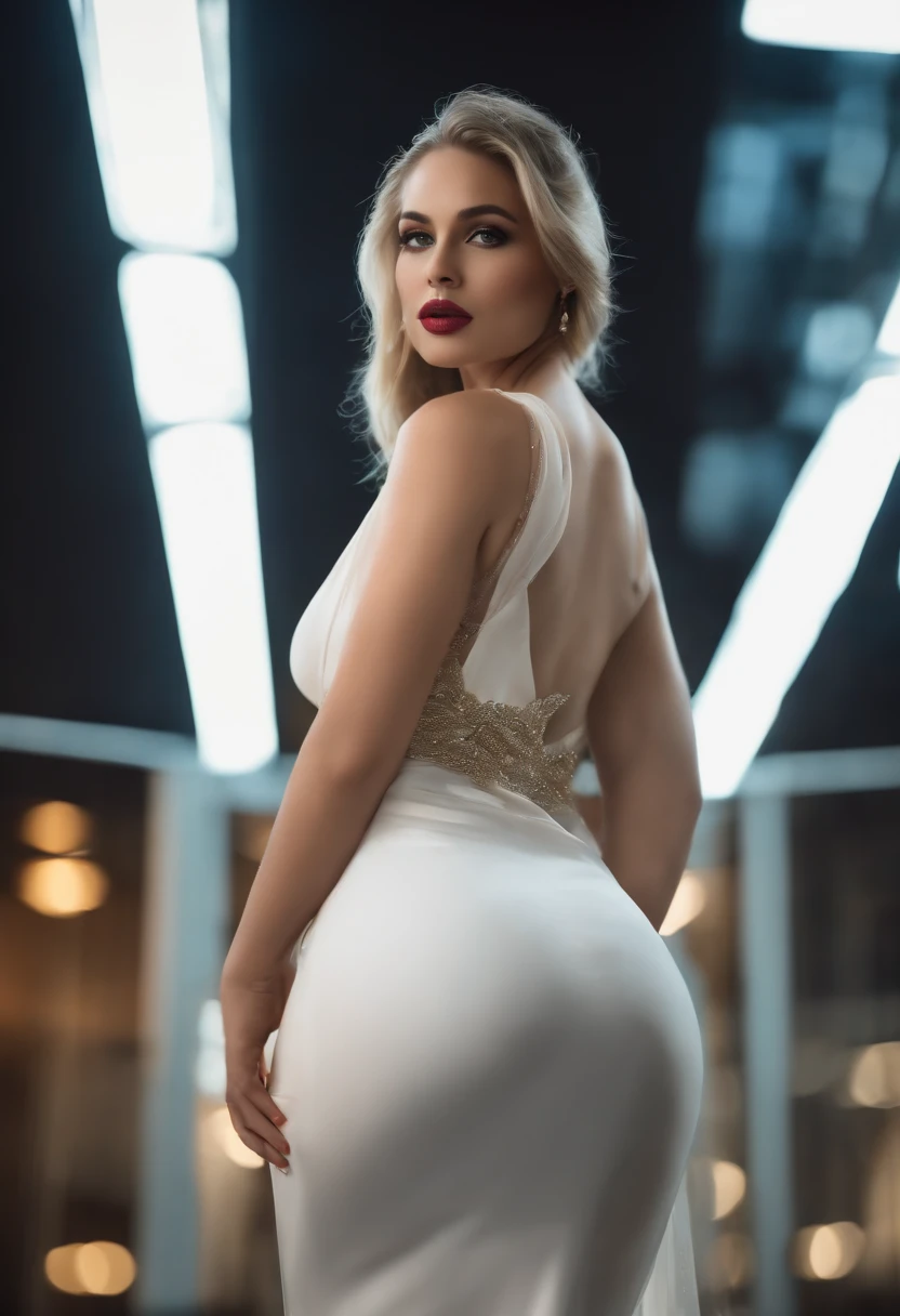 4k, master part, Foto RAW, melhor qualidade, fotorealistik, papel de parede CG Unity 8k altamente detalhado, profundidade de campo, Cinematic light, lente flaresi, ray tracing, (um rosto extremamente bonito, beautiful lips, Olhos bonitos), Rosto com detalhes intrincados, (pele ultra-detalhada), 1 girl, Escuro, em sombras profundas, ucraniana bonita, Modelo ucraniano, 1 masculino, (um corpo muito em forma e musculoso:1.3), (looking up at the audience), (UM OLHAR GRANDE E TENAZ:1.3), (Mangas), (City of Fashion at Night, noite escura, neon signs, Fundo desfocado), Noite de rua elegante, (sem gente nas costas:1.3), lindos brincos, Pulseiras, colar, knee tights, olhos claros, ambulante, (pale skinned), (olhos grandes), virada para a frente, (tiro na parte superior do corpo), (um vestido de cor de seda:1.3), (blonde hair), (um vestido justo e rendado), (transparente), (looking up at the audience:1.3) peito aberto, muito fino, middlebreasts, Don't turn your back, (tiro traseiro), transparente, Medium-sized glutes,.