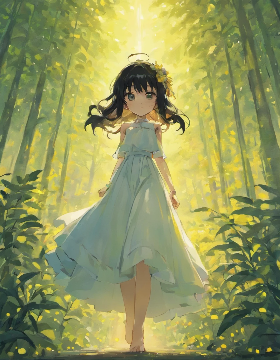 ln the forest,Kizi,Black hair,a white long skirt,Back Shadow,rays of sunshine,Take the flowers,Yellow flowers,Kitten on the right,Skinny kittens
