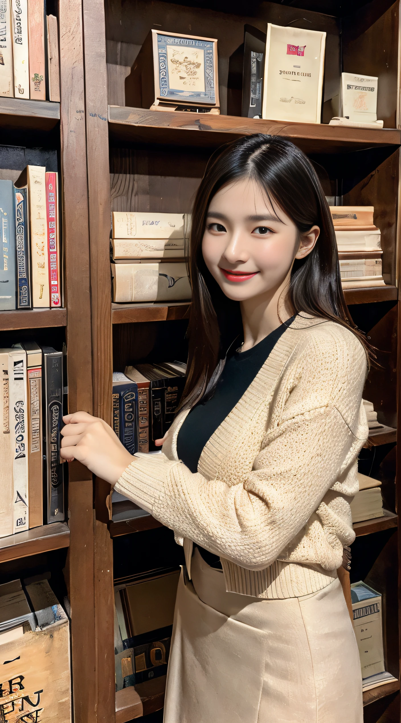 ((full body)),professional, 8k, RAW photo, best quality, ultra-detailed, (high detailed skin:1.2), highly detailed, 1girl, Quaint vintage bookstore with wooden shelves, Browsing through old books, A-line skirt, tucked-in blouse, cardigan, loafers, kpop idol makeup, (closed smile:1.2), natural skin texture, realistic pores skin, thin legs, narrow hips
