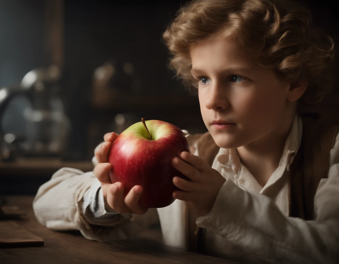 "Image simulating a boy also observing the apple that differs from the usual, ultra detailed, lots of color, cool and modern, realistic casting of shadows, warm and vivid light, vibrant and dynamic atmosphere, blurred background with different texture details."