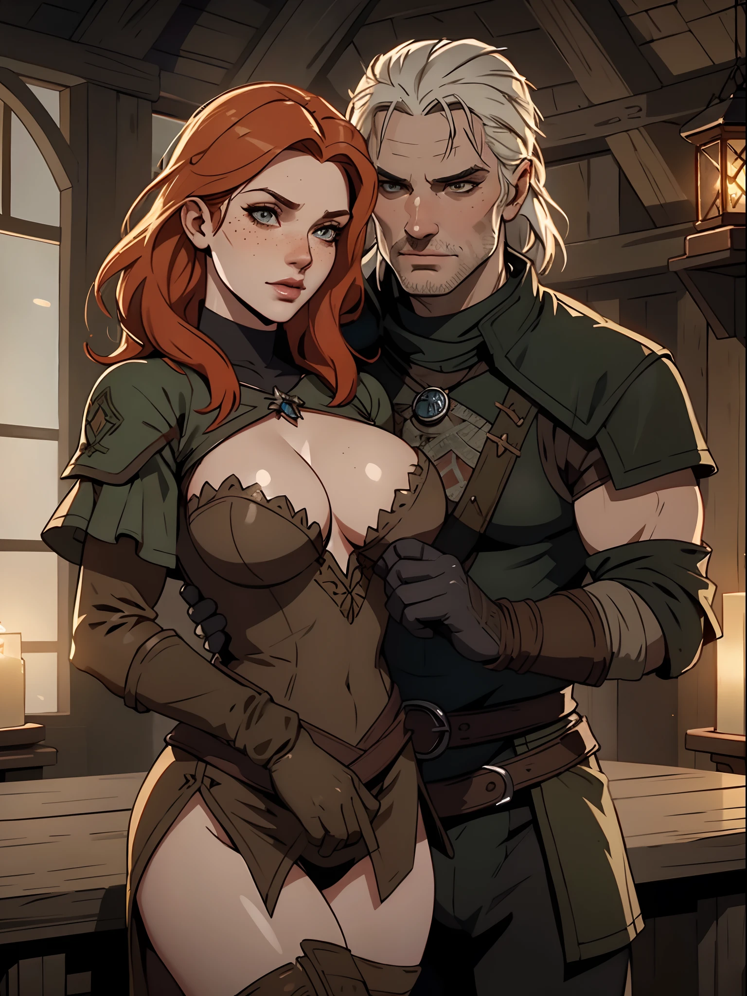 The Witcher, extremely detailed face, huge breasts, make-up, Triss merigold being embraced by Geralt of Rivia, illumination effect, covered , freckles, (master piece), extremely detailed, gloves