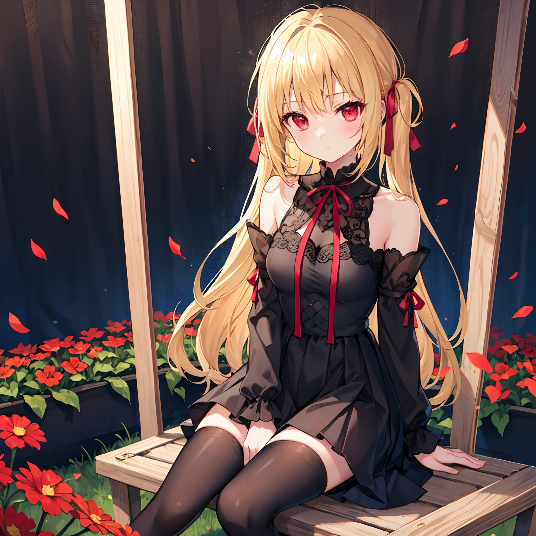 Wavy blonde、Red ribbons、poneyTail、red eyes、Beautiful girl alone、Black Dress、off shoulders、a miniskirt、Black tights、sitting on、flower  field